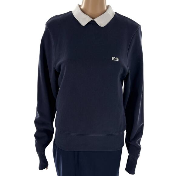 Frame Navy Blue Polo Collar Pullover Cotton Sweatshirt - Picture 4 of 11